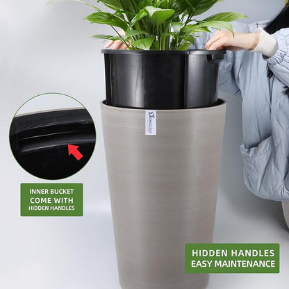 Dexceder 16x12 Self Watering Tall Planter (Coffee, Wire Drawing) | High Cylinder, Thickened Large Floor Standing Flower Plant Pot with Water Level Indicator Indoor Outdoor