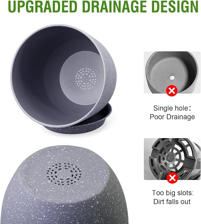 WSMKSZ 12/10/9 inch Large Plant Pots, 3 Pack Modern Decorative Plastic Planters with Drainage Holes and Saucer for House Garden Plants, Flower Pots for Indoor Outdoor Plants, Speckled Grey