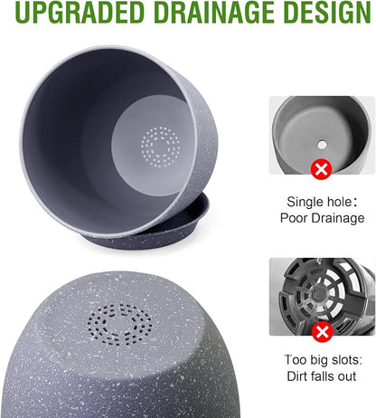 WSMKSZ 10/9/8 inch Plant Pots, Set of 3 Modern Decorative Plastic Planters with Drainage Holes and Saucers for Garden House Plants, Flower Pots for Indoor Outdoor Plants, Speckled Grey