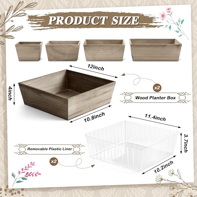 Dandat 2 Set Wooden Centerpiece Box for Wedding Table Decor 12 Inch Rustic Wood Planter Box with Removable Plastic Liner Flower Boxes for Party Wedding Baby Shower Home Garden Decor(Brown)