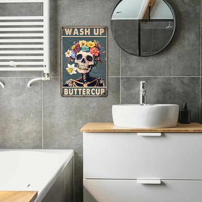 PEACHGARDEN Wash Up Buttercup Metal Sign, Funny Bathroom Decor, Skeleton Skull Bathroom Wall Art, Vintage Floral Aluminum Sign for Restroom Guest Bath Toilet, 8x12 Inch