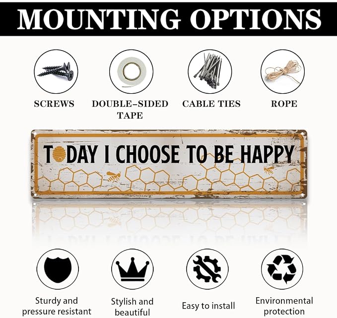Funny Metal Tin Sign, Vintage Farmhouse Decor, Today I Choose to Be Happy Inspirational Sign, Bee Wall Art for Yard Fence Door Porch, Indoor Outdoor Decoration, 15.7 x 3.9 Inches