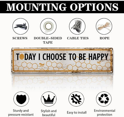 Funny Metal Tin Sign, Vintage Farmhouse Decor, Today I Choose to Be Happy Inspirational Sign, Bee Wall Art for Yard Fence Door Porch, Indoor Outdoor Decoration, 15.7 x 3.9 Inches