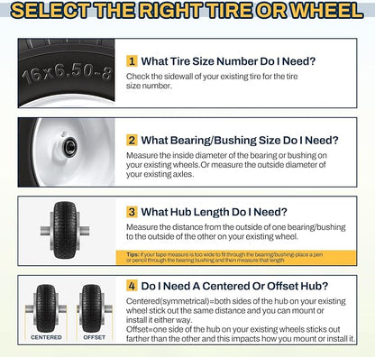 16x6.50-8 Flat Free Lawn Mower Tire and Wheel, 16x6.5-8 Solid Replacement Front Tires for Riding Mowers and Lawn Tractors, with 3/4" Bushings & 5/8" Bearings, 3" Centered Hub, 2 Pack