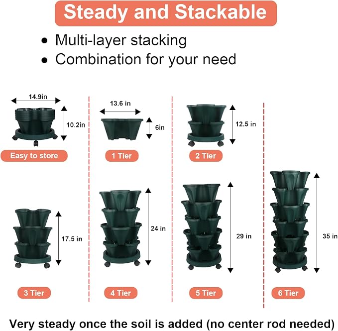 GameXcel Vertical Planter Tower - 6 Tier Stackable Garden Planters with Wheels and Tools Plant Pots for Strawberry Herb Flower and Vegetable Indoor Outdoor Use Green