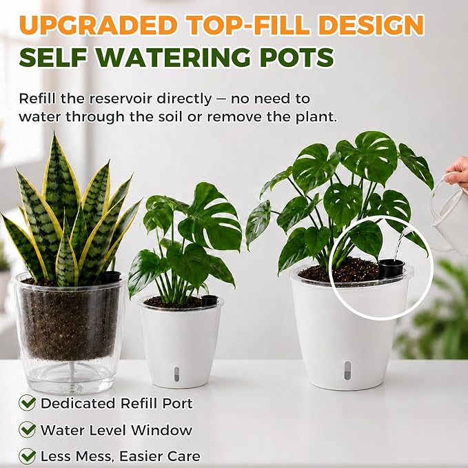 Upgraded Self Watering Pots for Indoor Plants, 12-Pack 5 Inch Top-Fill Self Watering Planter with Water Window, Orchid Pots, Clear Wick Inner Basket with Drainage, White