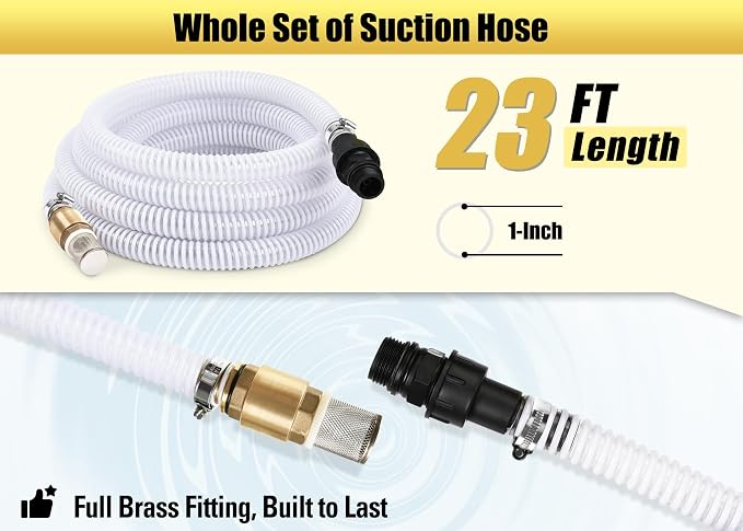 FLUENTPOWER 23FT x 1" Suction Hose Kit with Brass Fitting Check Valve and NPT 1" Thread, Water Intake Hose Set, Aspiration Hose for Well Shallow Sprinkler Garden Booster Pump, White