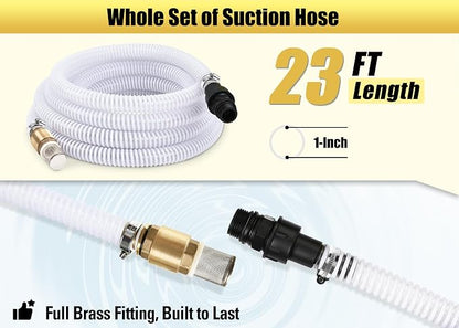 FLUENTPOWER 23FT x 1" Suction Hose Kit with Brass Fitting Check Valve and NPT 1" Thread, Water Intake Hose Set, Aspiration Hose for Well Shallow Sprinkler Garden Booster Pump, White