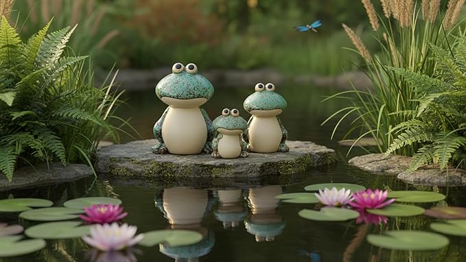 Frog Garden Decor Set of 3,Funny Cute Ceramic Frog Garden Statues Yard Decoration Outdoor Holiday Decorations,Ideal Ornament for Outside Pond Pool Patio Front Porch Backyard (Green)
