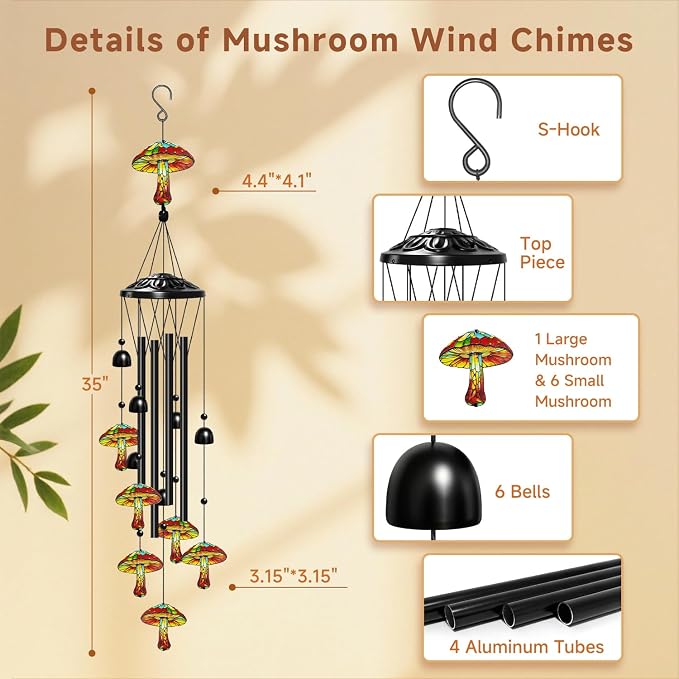 Mushroom Wind Chimes for Outside, Mushroom Gifts for Women/Men/Mother/Father, Metal Windchimes for Birthday/Christmas/Thanksgiving, Panda Decor for Patio, Garden,Yard, Home