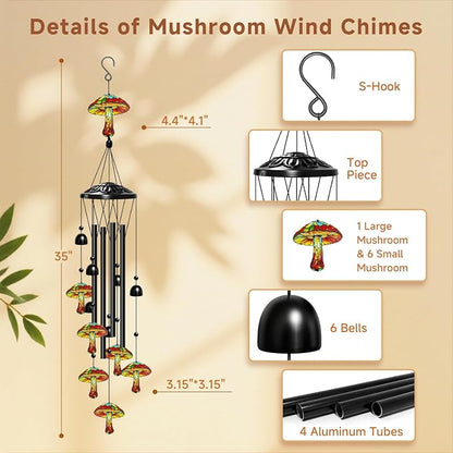 Mushroom Wind Chimes for Outside, Mushroom Gifts for Women/Men/Mother/Father, Metal Windchimes for Birthday/Christmas/Thanksgiving, Panda Decor for Patio, Garden,Yard, Home