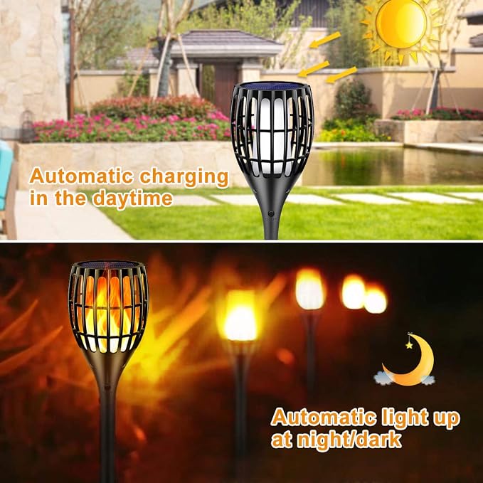 96 LED Solar Torch Lights 43" Waterproof Flickering Flame Lights | Realistic flickering flame, auto dusk-to-dawn, tool-free stake mount, all-weather durable, for garden patio lawn parties