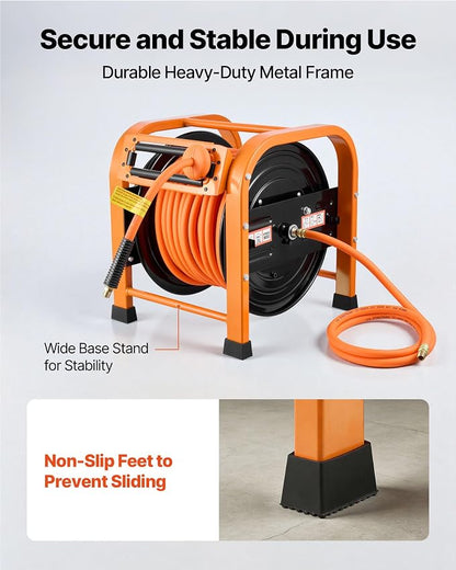 VEVOR Retractable Air Hose Reel, 3/8 Inch x 100 FT Hybrid Air Hose Max 300PSI, Auto Rewind Air-Compressor Hoses Reel with 5ft Lead in, Portable Freestanding Heavy Duty Steel Reel for Garages Workshops