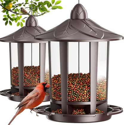 Birdream 2 Pack Bird Feeders for Outdoor Hanging, Assembly Required, 1-Min Easy Setup, Charming Castle Design, Attracting Cardinals Chickadees Goldfinches & Sparrows - Brown