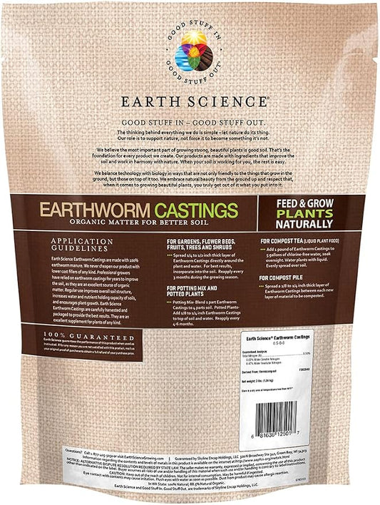Earth Science Earthworm Castings – 3 lb—Premium Plant Fertilizer for Indoor & Outdoor Plants – Soil Enhancer for Vegetable Gardens