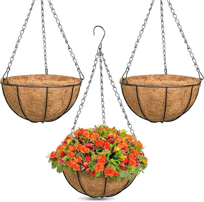 ZeeDix 3 Pack 12 Inch Outdoor Hanging Baskets, Metal Wire Hanging Planters with Coconut Liners, Round Hanging Baskets for Plants Flowers Ferns Home Garden Porch Balcony Railings Decor