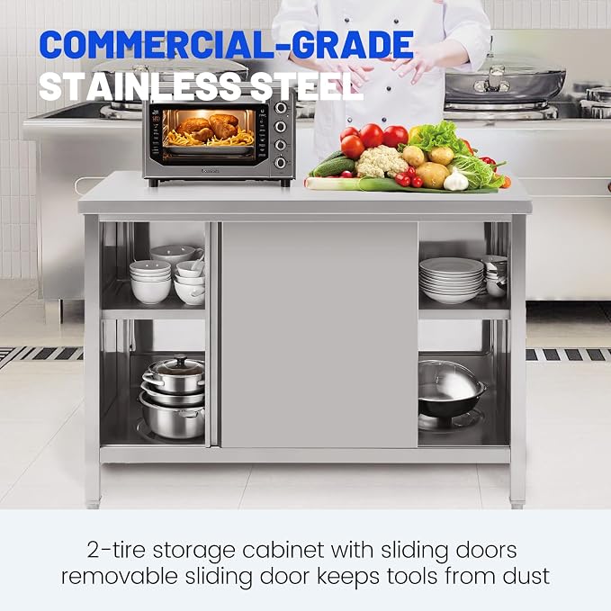Hally Stainless Steel Cabinet, 30" x 60" NSF Commercial Heavy Duty Prep Workbench with Two Sliding Doors, Large Storage Cabinet, Metal Table for Kitchen, Restaurant, Garage
