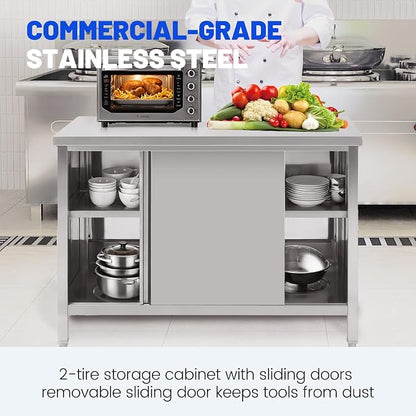 Hally Stainless Steel Cabinet, 30" x 60" NSF Commercial Heavy Duty Prep Workbench with Two Sliding Doors, Large Storage Cabinet, Metal Table for Kitchen, Restaurant, Garage
