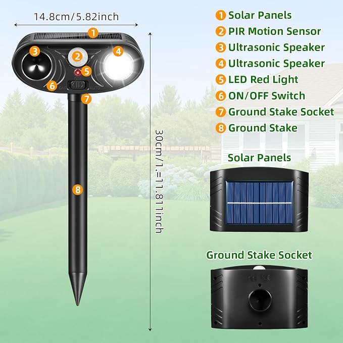 4 Pack Sonic Fortress Pro Deer Repellent Solar Animal Deterrent Outdoor | Motion Activated Deer Repellent Device Cat Deterrent Outdoor Squirrel Raccoon Fox Rabbit Repeller for Garden Yard Farm