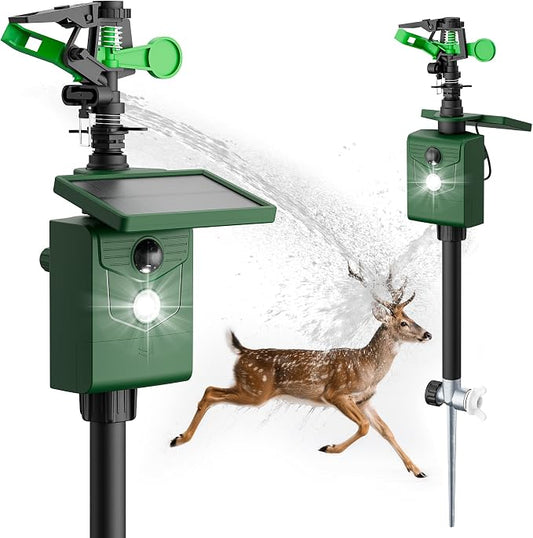 2 Packs Motion Activated Animal Repeller with Water Sprinkler, Deer Repellent Devices Solar Powered, IP65 Waterproof Deer Repellent with Flashing Light, Deter Cats Dogs Skunks Raccoons from Garden