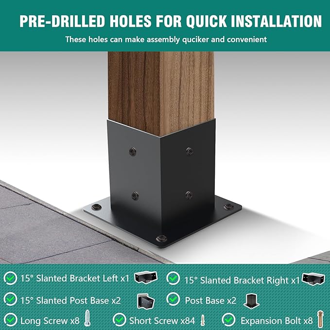 Pergola Brackets, 2 Pack Woodworks Pergola Kit 15° 3-Way Right Angle Corner Bracket with Post Base for 4x4'' (Actual: 3.5x3.5'') Wood Beams Elevated Wood Stand Kit 6 Pc