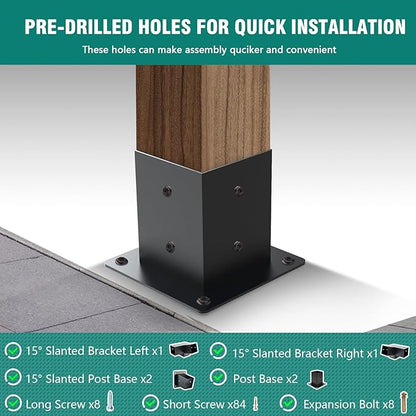 Pergola Brackets, 2 Pack Woodworks Pergola Kit 15° 3-Way Right Angle Corner Bracket with Post Base for 4x4'' (Actual: 3.5x3.5'') Wood Beams Elevated Wood Stand Kit 6 Pc