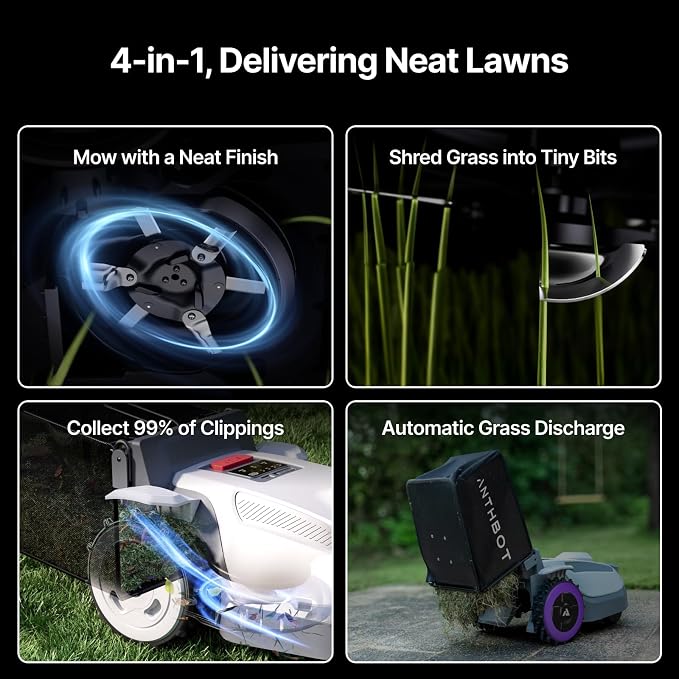ANTHBOT N8 Robotic Lawn Mower with Sweeper, RTK+NRTK 1/2 Acre, 4-in-1 Mowing and Grass Collection System, Automatic Targeted Dumping 23L Large-Capacity Leaf Collection Bin, 45% Slope, App Control