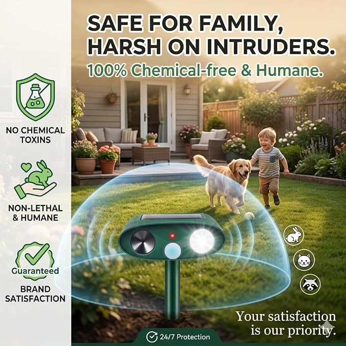 2026 Sonic Fortress Pro Deer Repellent Devices with USB Charge,Solar Ultrasonic Animal Repellent with Motion Sensor&Flash Light,Deer Deterrent for Flower beds,Vegetable Gardens,Plants 4Pack