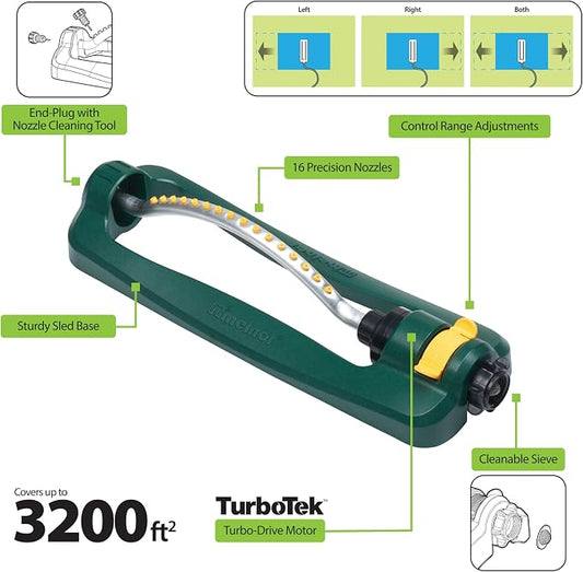 Melnor 65147AMZ Turbo Oscillating Lawn Sprinkler, 3,200 Sq. Ft. Coverage, 16 Precision Nozzles, Adjustable Range Control, QuickConnect Bundle, Green, Yellow