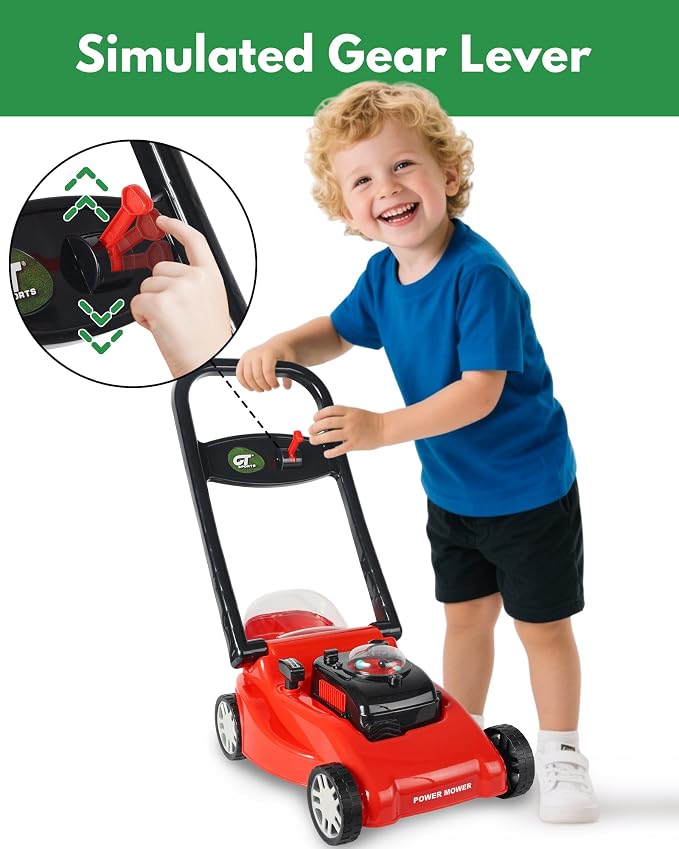 Kids Lawn Mower with Realistic Grass-Cutting Action and Sounds – No Batteries Required | Fun Outdoor Push Toy, Birthday Gift & Holiday Present for 3, 4, 5, 6 Year Old Boys and Girls (Red)