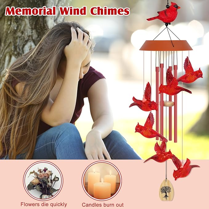 Solar Wind Chimes for Outside, Memorial Cardinal Wind Chimes, 35" LED Windchimes Outdoors Christmas Birthday Cardinal Gifts for Women Mom Grandma Home Garden Decor