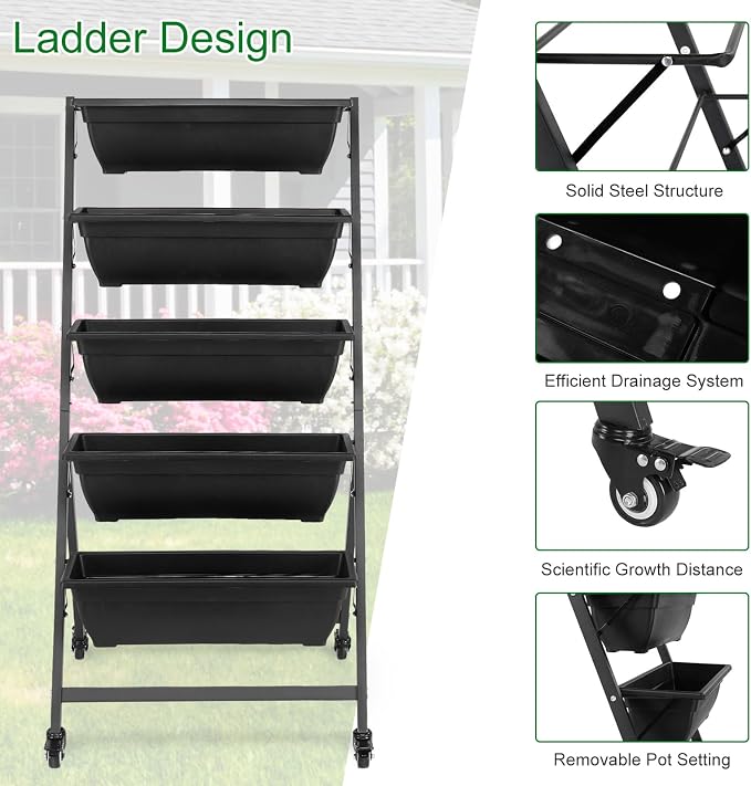Outvita 4.4 FT Vertical Garden Bed Removable 5 Tier Elevated with 4 Wheels | Vertical Raised Planter, Black Raised Bed Box, Movable Vegetable Flower Planter for Patio Yard Indoor Outdoor
