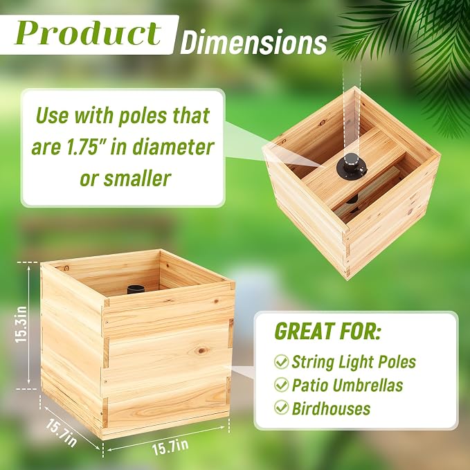Wonderjune Large Decorative Wooden Planter 15.7" x 15.7" x 15.3" Umbrella Planter Solid Wood Garden Patio Box with Universal Rod Adapter Support for String Light Poles, Umbrellas (Without Pole)