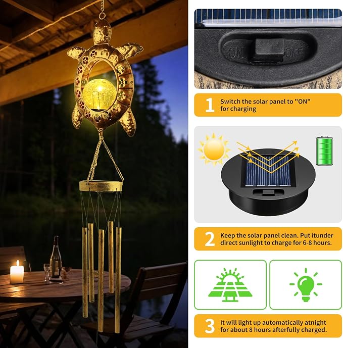 Sea Turtle Solar Lights Outdoor Decor Crackle Glass Ball Solar Turtle Wind Chimes for Outside Unique Gifts for Women Birthday Gardening Gift Housewarming Ornament for Patio Yard Garden Decor