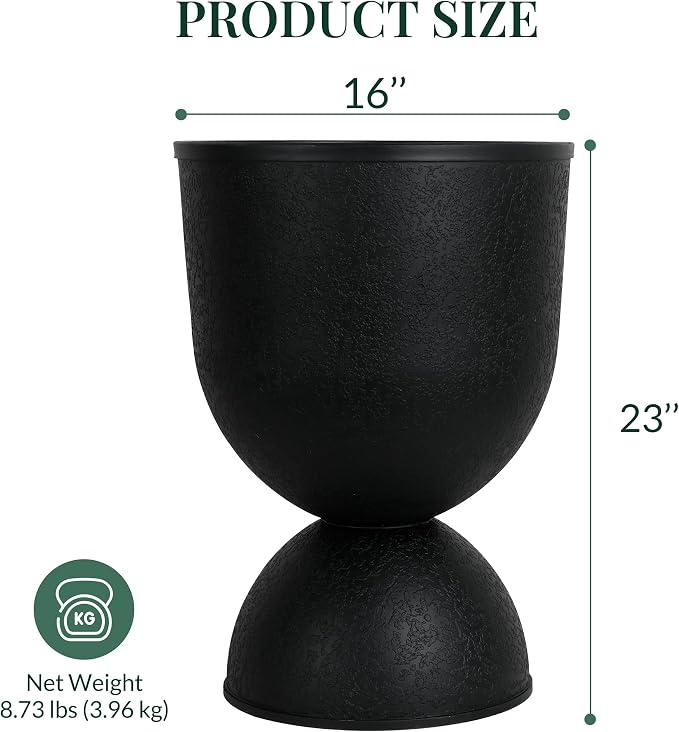 KOL Planters Flower Pots, Large Plastic Urn Planters for Indoor Outdoor Plants, Black Pedestal Planter Pots, 23 Inch Tall Decorative Planters with Drainage Holes & Plugs for Patio Garden, 1 Pack