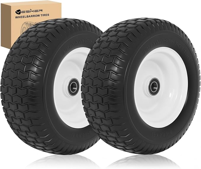Yesker 16x6.50-8 Flat Free Lawn Mower Tire and Wheel Assembly with 1" Bearing Bore, 16x6.50-8nhs Solid Riding Lawnmower Tires with 3" Center Hub, 2 Pack