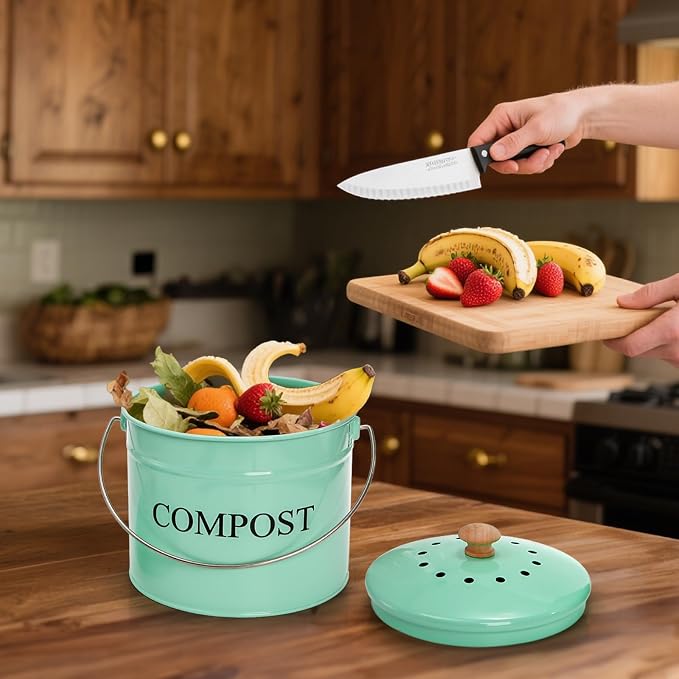 AVLA Kitchen Compost Bin, 1 Gallon Countertop Food Waste Container, Odorless Composter Bucket with Lid and Charcoal Filter, Indoor Metal Composting Pail, Mint Green