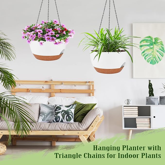 Hanging Planters for Outdoor Indoor Plants, 2 Pack 10 Inch Hanging Basket Plants Outdoor, Self Watering Hanging Planter with Plant Hanger for Garden Home Decoration (White, 10 inch)