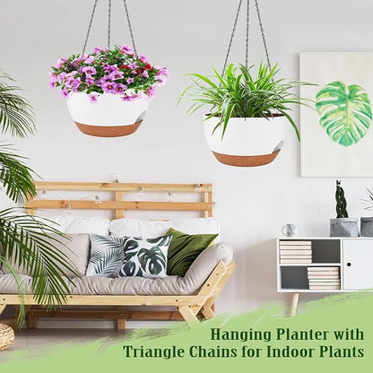 Hanging Planters for Outdoor Indoor Plants, 2 Pack 10 Inch Hanging Basket Plants Outdoor, Self Watering Hanging Planter with Plant Hanger for Garden Home Decoration (White, 10 inch)