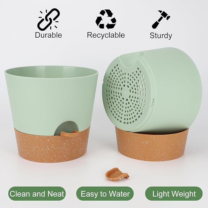 YNNICO 10-Inch Plant Pots, Self-Watering Planters with Drainage Holes & Saucers for Indoor and Outdoor Plants (2-Pack, Green)