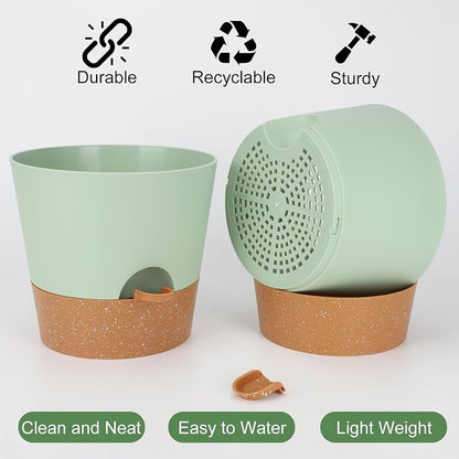 YNNICO 10-Inch Plant Pots, Self-Watering Planters with Drainage Holes & Saucers for Indoor and Outdoor Plants (2-Pack, Green)