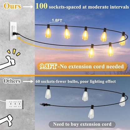 Brightever LED String Lights Outdoor Waterproof, 200FT 2200K Dimmable Patio Lights with 104 Shatterproof ST38 Vintage Edison Bulbs, Outside Hanging Light for Porch, Deck, Garden, Backyard, Balcony