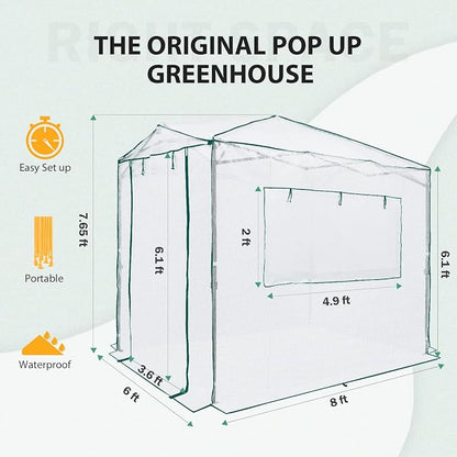 EAGLE PEAK 8x6 Portable Walk in Greenhouse, Pop Up Indoor Outdoor Greenhouse, Green House Kit with Zippered Roll-Up Doors and Windows, PE Cover, Clear/White