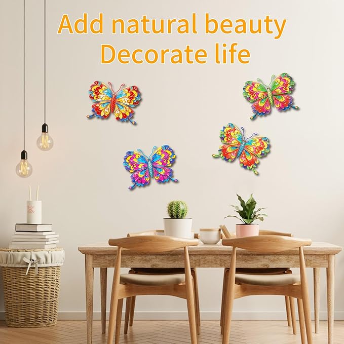 Junware 4 Pieces Metal Butterfly Wall Art Decor - 6.2" Outdoor Fence Wall Sculpture Decor, Hanging Decoration for Garden Yard Living Room Bedroom Patio Balcony, Nice Gift for Mom Friend