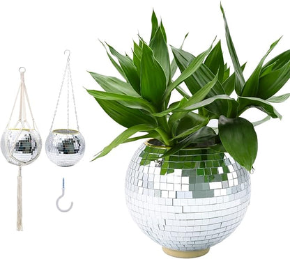 8" Silver Disco Ball Planter with Hanging Rope, Hanging Chain, Hook, Circle | for Decoration