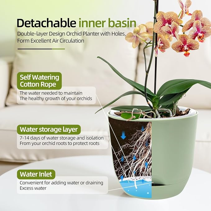 QCQHDU 2 Pack 5.7 Inch Orchid Pots with Holes for Repotting, Double-Layer and Self Watering Orchid Pot with Good Air Circulation