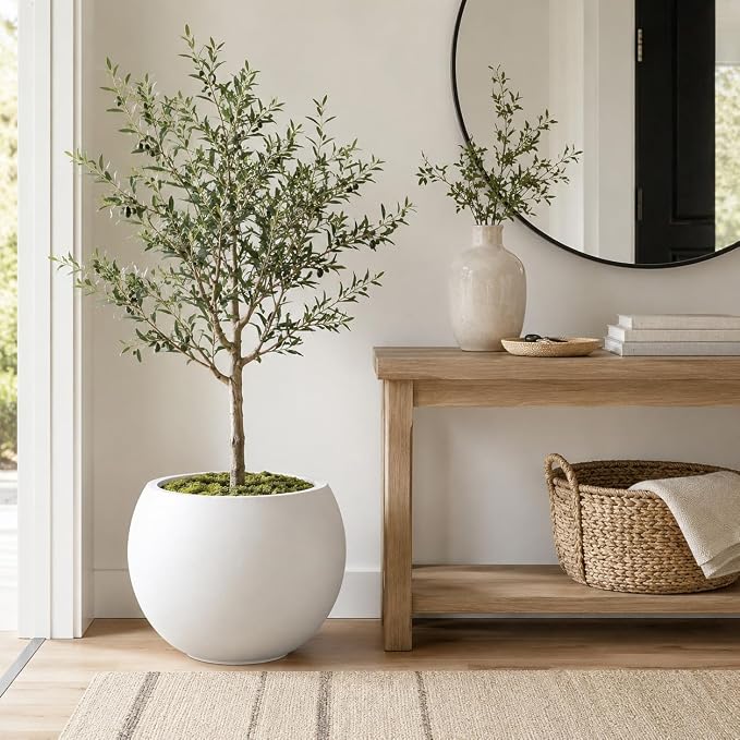 13.5" H x 17" Dia White Fiberstone Planter Pot with Drainage Hole, Large Round Indoor Outdoor Flower Pot for Artificial Olive Trees, Large Plants, Decorative Planter for Patio, Porch & Garden