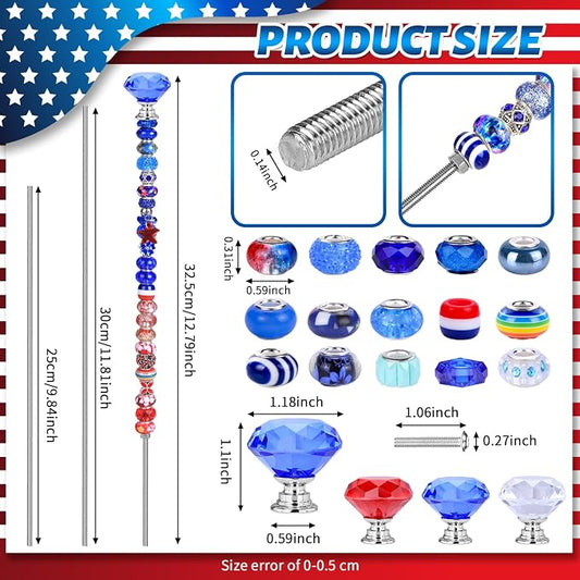 AIPRIDY DIY Crystal Beaded Fairy Wand Garden Stakes Kit, Colorful Decorative Wands with Assembly Guide, 12 or 10 Inch Threaded Rods,Outdoor Garden Decoration Set (174, Red+White+Blue+Diamond Top)