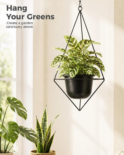 Bamworld Black Hanging Planters for Indoor Outdoor Plants Metal Hanging Pots for Plants 5 Inch Modern Hanging Basket Window Plant Hanger Ceiling Hanging Flower Pot with Chain for Wall Decor (Diamond)
