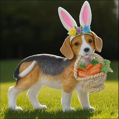 Cynkeyee Dog Garden Statue Decoration - Cute Puppy Beagle with Bunny Ears | Carrot Basket Doggy Figurines, Tabletop Self Floor Indoor Garden Decor, 11.5x4x10.5 inch
